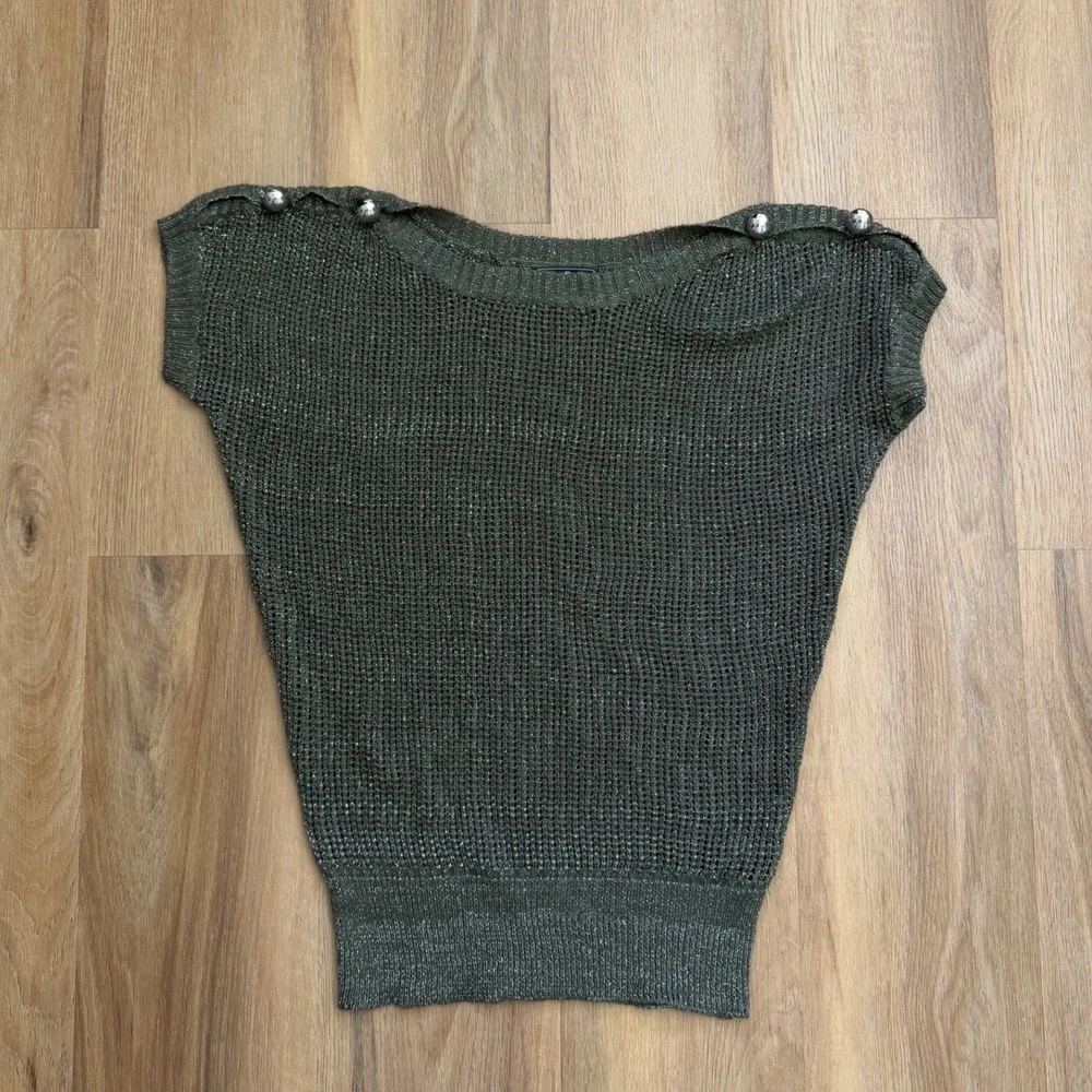 POL Olive Green Sparkle Open Knit Sweater Top Button Shoulder Boho indie M